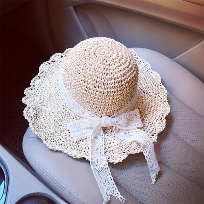 

Korean summer straw hat hand-hook women big-edge hat folding beach hat lace bow sun hat sun hat