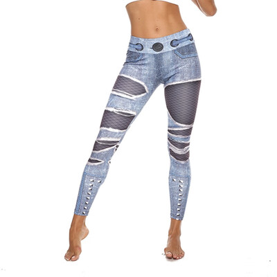 

FITTOO Sexy Faux Jeans Printing Leggings High Waist Yoga Pants Denim Print Trousers Slim Pants