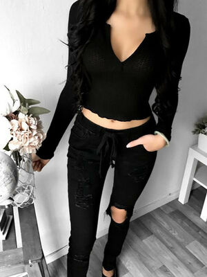 

Sexy Women V-NECK Long Sleeve Knitted Pencil Slim Soft Sweater Blouse Tops