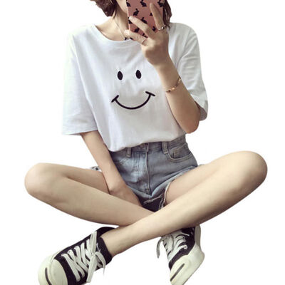 

Women Casual Loose Short Sleeve T-Shirts Embroidery Smiling Crew Neck Tee Tops