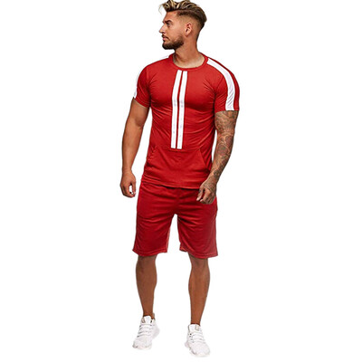 

Toponeto Mens Summer Leisure Stripe Color Collision Short Sleeve Shorts Sports Thin Sets