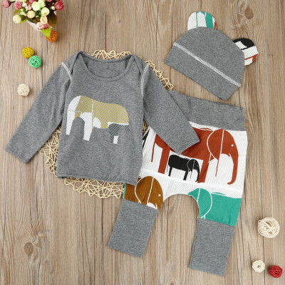 

3PCS Kids Baby Boys Elephant Long Sleeve Shirt TopsPants Hat Set Clothes 70