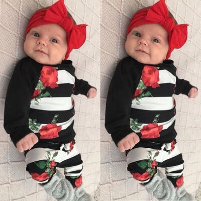 

Flowers Infant Newborn Baby Girl Striped Flower T-shirt Top Pants Outfit Set Clothes