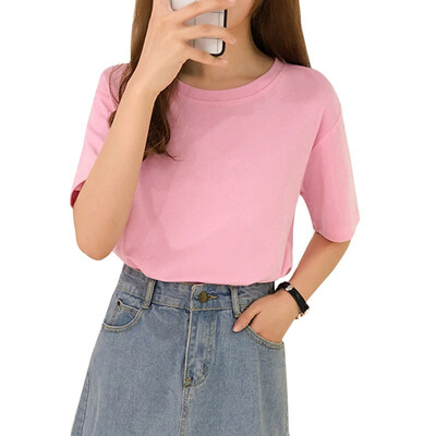 

Women T-Shirts Summer Tee Shirt Women Solid Color Casual Loose Short Sleeve O-Neck Ladies Tees Tops Koran Female T Shirt
