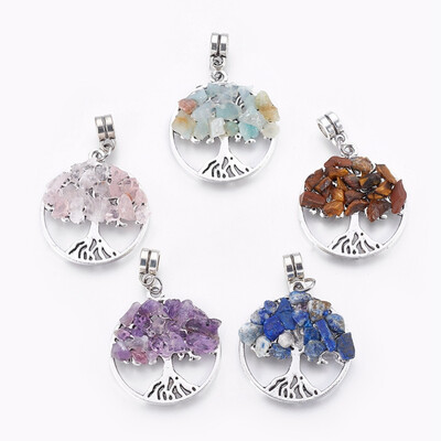

Alloy European Dangle Beads with Natural Mixed Gemstone Chips Flat Round with Tree Antique Silver 38mm