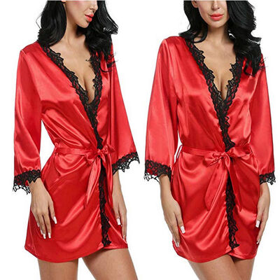 

Sexy Bride Long Women Lace Floral Kimono Robe Satin Silk Night Dressing Gown