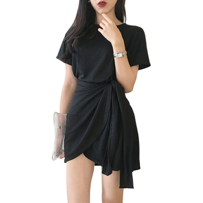 

Stylish temperament Slim O-neck short-sleeved solid color casual lace-up dress