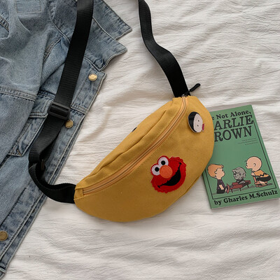 

2019 new casual wild shoulder bag simple sports canvas pocket female cartoon cute Sesame Street Messenger bag