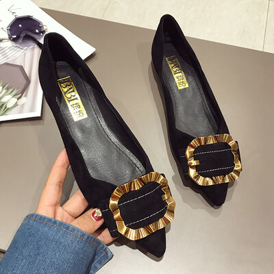 

Single-shoe female Korean version of the tip-to-tip light-mouthed metal square buckle flat shoes fashion bean shoes tide
