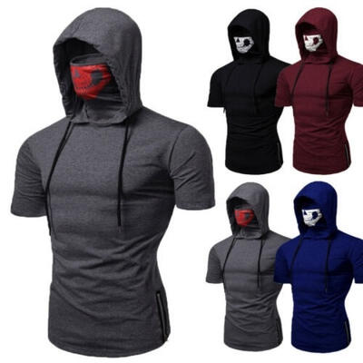 

Mens Casual Gym Thin Hoodie Short Sleeve Hooded With Mask Skull Sweatshirt Tops