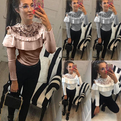 

Womens Long Sleeve Lace T-Shirt Ladies Loose Tops Blouse Cold Shoulder Frill Tee