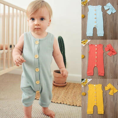 

Newborn Kid Baby Girl Boy Clothes Cute Sleeveless Solid Cotton Romper Jumpsuit Bodysuit Overalls Sunsuit Outfit Headband 2Pcs