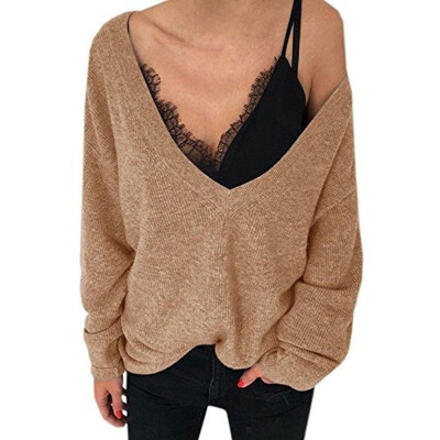 

Nomeni Womens Knitted Deep V-Neck Long Sleeve Wrap Front Loose Sweater Pullover Jumper