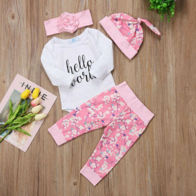 

4PCS Set Newborn Baby Girls Cotton Romper BodysuitPants Hat Outfits Clothes