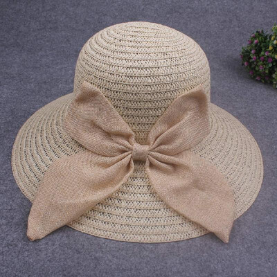 

Summer Women Straw Hat Wide Brim Bow Decoration Sun Beach Cap Foldable Floppy Hat BeigeBrown