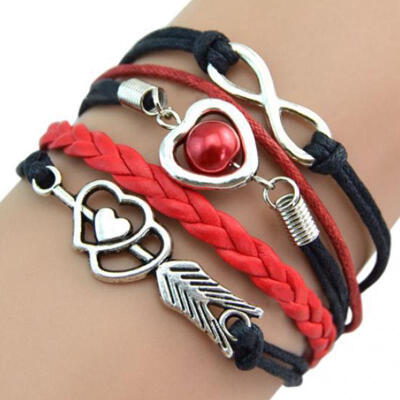 

Retro Cupids Arrow Love Beads Cuff Bracelet Leather Bangle Lovers Gift