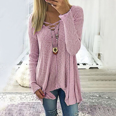 

Autumn Winter Women Casual Long Sleeve Sweaters V-neck Irregular Hem Tops Ladies Fashion Pure Color T-shirts Blouses