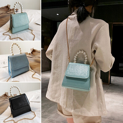 

Womens Fashion Pearl Handbag Mini Chain Shoulder Bag Leather Pu Handbag Crocodile Pattern Ladies Bag