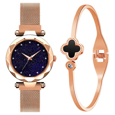 

Hot Sale Watch With Bangle New Arrival Starry Sky Watch Mesh Band Stainless Steel Quartz Wristwatch Lady Luxury Diamond Watches