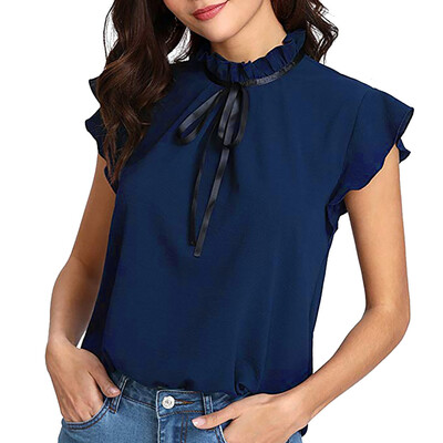 

Starmoon Womens Casual Cap Sleeve Bow Tie T-Shirt Solid Chiffon Blouse Tops