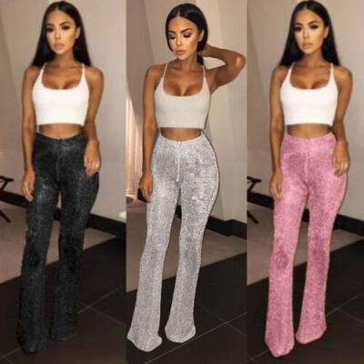 

Womens Bell Bottom Long Pants Sequin High Waisted Clubwear Party Knit Trousers