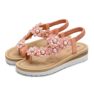 

Rose Womens Ladies Toepost Flower Pearl Elastic Band Beach Sandals Roman Shoes