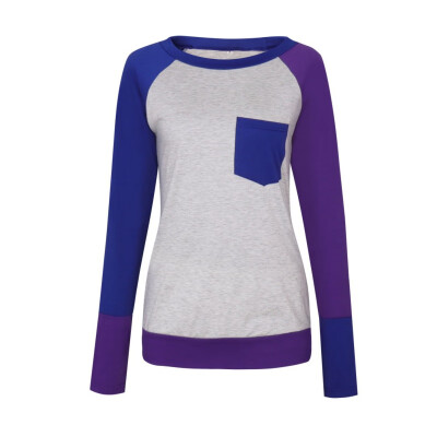 

Female O-Neck Long Sleeve Casual Simple T Shirts Pocket Patchwork Tops Spring Autumn Women Cotton Slim T-Shirts Tees