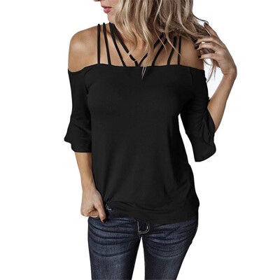 

Women Off Shoulder Strappy Blouse Ladies Casual Beach Loose Summer Tops T-Shirt