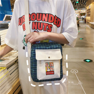 

Canvas bag lady slanting Korean Plaid fashion summer fresh student one-shoulder mobile phone bag