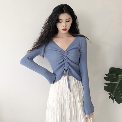 

sweater women Sexy lace up knitting pullover top Fashion autumn winter Chic pink V-neck knit slim jumper pull femme 2019 New