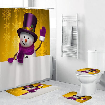 

4 Piece Christmas Theme Bathroom Decoration Non Slip Rug Toliet Cover Bath Mat Shower Curtain