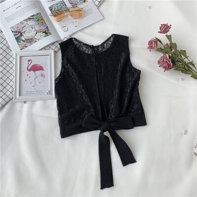 

Womens Sleeveless O Neck Solid Casual Lace Up Backless Lace Stitching T-Shirt