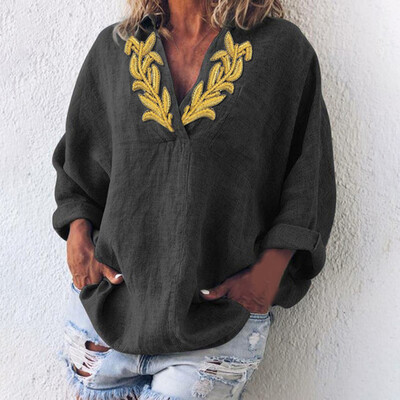 

Womens Loose Fit Blouse Embroidery Tops V-neck Casual T-shirt Long Sleeve Shirts