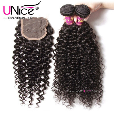 

UNice Human Hair Extensions 8A Malaysian Curly Hair Bundles with Closure