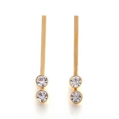 

304 Stainless Steel Stud Earrings with Rhinestone Golden Crystal 42x6x62mm Pin 07mm