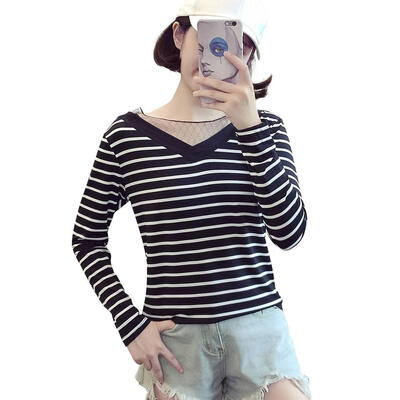 

Casual Women T-Shirt Long Sleeve Striped Pattern V-Neck Autumn Fashion Tops