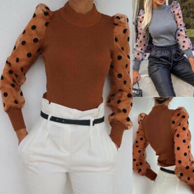 

US Women Polka Dot Sheer See-through Long Puff Sleeve Tops Blouse Club T-Shirts