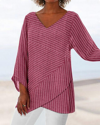 

Women Casual Loose V Neck Striped Irregular Long Sleeve Shirts Blouse Tunic Tops