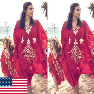 

Women Girls Bathing Suits Cover Up Ethnic Kaftan Beach Maxi Dress Party Sunress