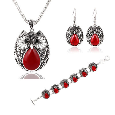 

IF ME Fashion Vintage Summer Style Owl Jewelry Sets For Women 3 Colors Stone Pendant Animal Necklace Earrings Charm Bracelets