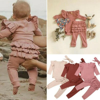 

US Newborn Baby Girl Autumn Outfits Clothes Romper Top Ruffle Pants Headband Set