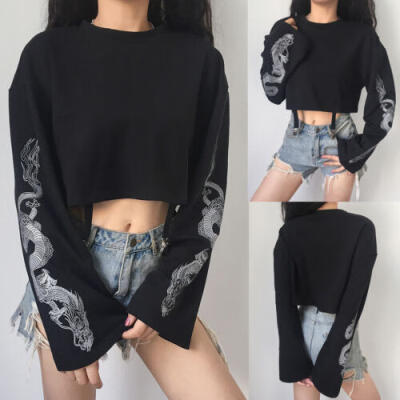 

Womens Ladies Long Sleeve Crop Top Blouse O Neck Casual Pullover Tops Shirts