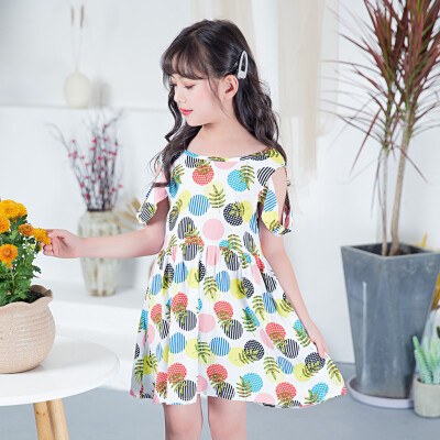 

Children Kids Girls Short Sleeve Dot Print Floral Princess Off Shoulder Dress