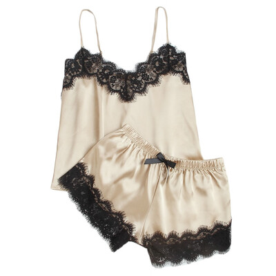 

Toponeto Women V-Neck Eyelash Silk Lace Sexy Stain Camisole Pajamas Bowknot Shorts Set