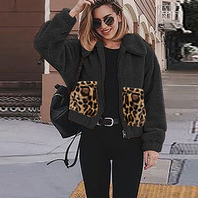 

Toponeto Women Fashion Turn-down Collar Pockets Leopard Print Plush Cardigan Coat Tops