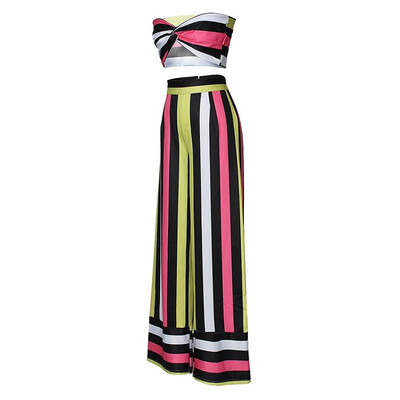 

Sexy Women Striped Two-Piece Set Off the Shoulder Backless Crop Top Wide Leg Pants High Waist Trousers