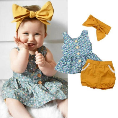 

Newborn Baby Girls Floral Buttons TopsShorts Headbands 3Pcs Outfits Clothes Set