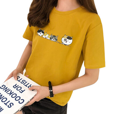 

Womens Harajuku Style Round Neck Cartoon Cats Print Short Sleeve Loose Pullover