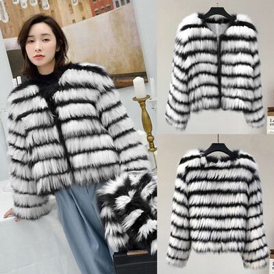 

Roseonmyhand Women Black And White Stripe Collar Faux Fur Coat Warm Winter Overcoat Outercoat