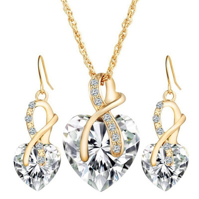 

wedding jewelry Gold Plated Jewelry Sets For Women Crystal Heart Necklace Earrings Jewellery Wedding Accessories